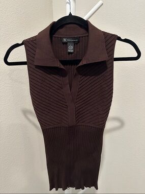 INC International Concepts Chocolate Brown Ribbed Sleeveless Polo Tank